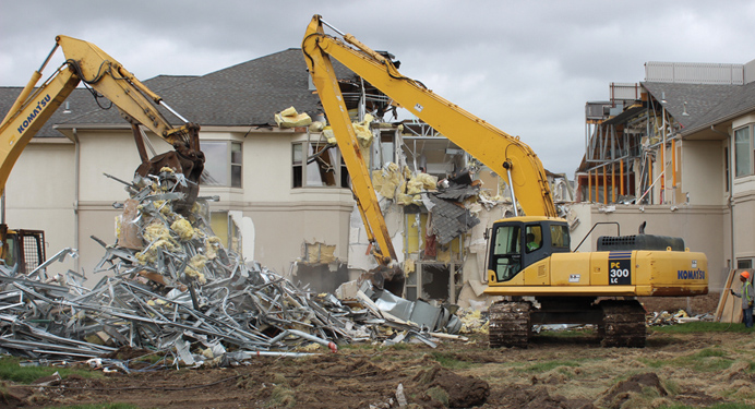 Construction update: Crews from PARIC Construction take down the south wings of Village Shalom’s Weinberg Health Center in preparation for its new independent living apartment community. The new community is scheduled to be completed in early 2020.