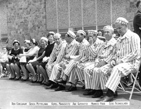 Members of The New Americans Club attend the dedication of the Memorial to the Six Million on June 9, 1963. The men, all Holocaust survivors, are wearing replicas of concentration camp uniforms. The women in the photo are not identified. The men are Ben Edelbaum (from left), Genik Mittelman, Kopel Markovitz, Abe Gutovitz, Morris Pous and Izie Feinsilver. It is believed all the members of The New Americans Club who worked on the Memorial to the Six Million project have passed away.